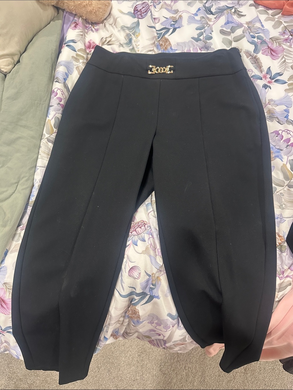 INC International Concepts Black Ponte Crop Pants with Gold Logo